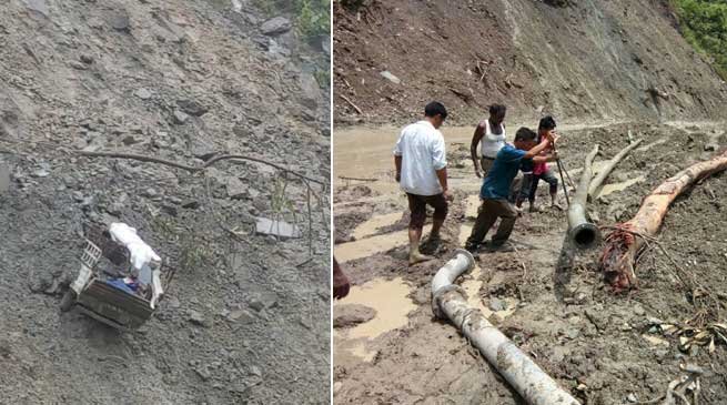 Landslide on Bhalukpong-Bomdila road, Mahindra Bolero severely damage