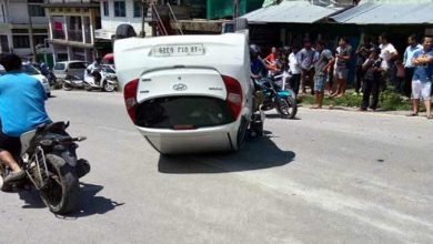Itanagar : Car turns over after hitting Nano in Bank Tinali