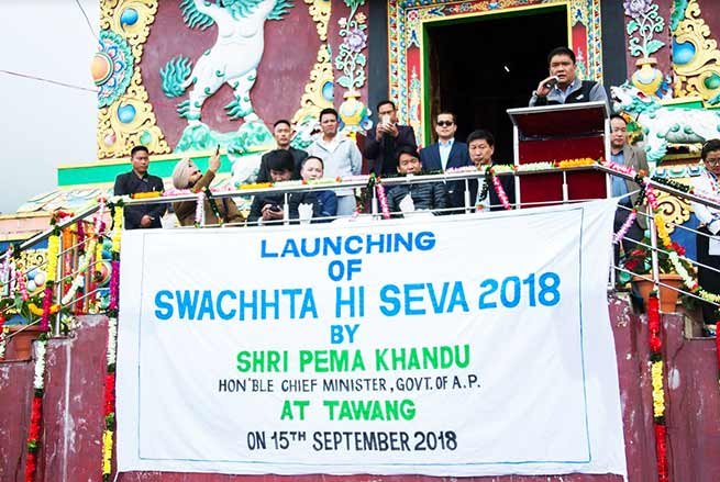 Arunachal: Khandu launches 'Swachhata Hi Sewa' by cleaning the street at Tawang