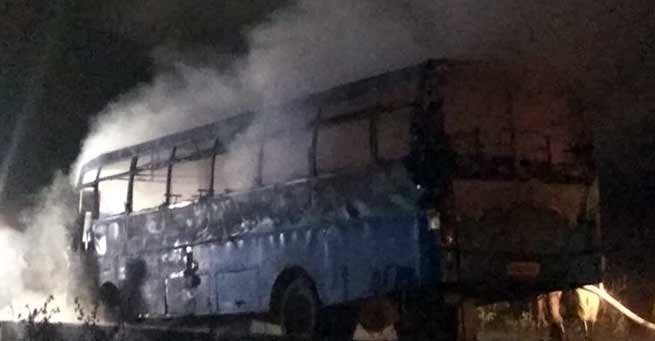 APST bus caught fire after a collision with Bike near Biswanath Charali in Assam