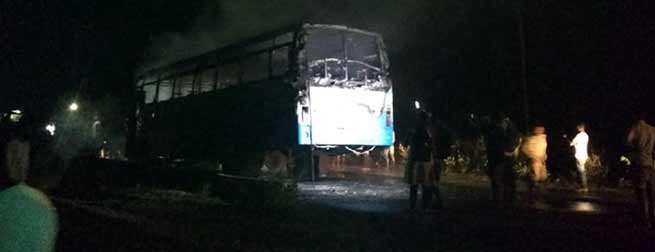 APST bus caught fire after a collision with Bike near Biswanath Charali in Assam