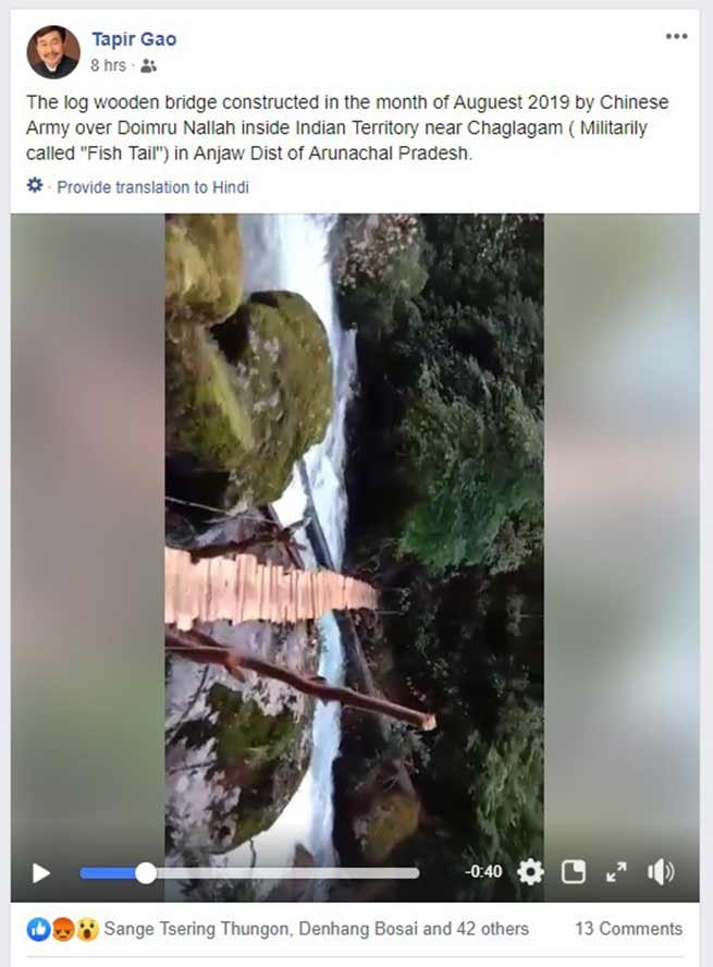 China's intrusion in Arunachal Pradesh, constructed wooden bridge over a nallah