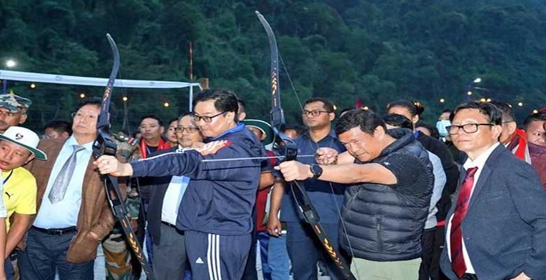 Arunachal: Kiren Rijiju and Pema Khandu played Archery and Volleyball at Mara on Subansiri river bank