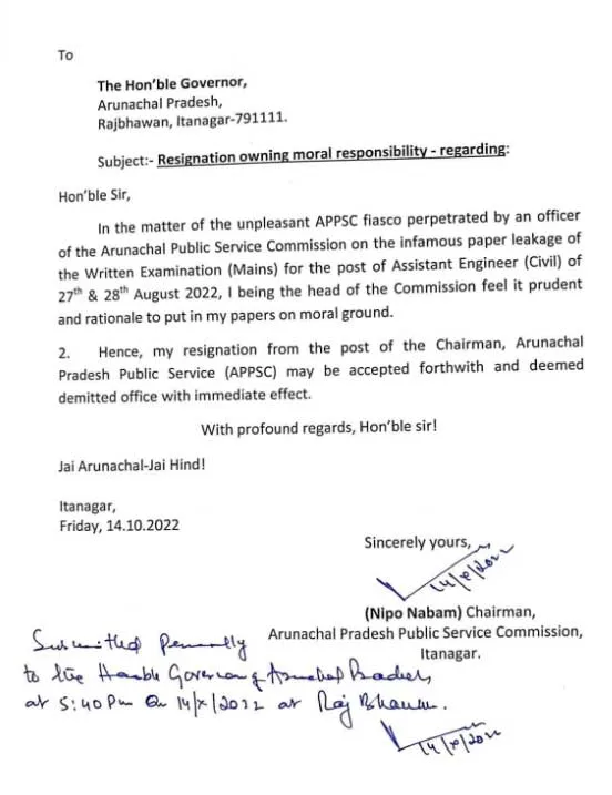 Arunachal: APPSC Chairman submits his resignation to the Governor