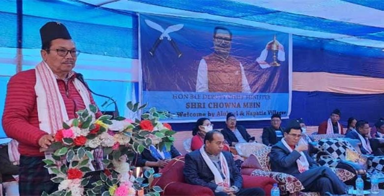 Arunachal: Chowna Mein addresses a development meeting at Alubari-Napatia Village Namghar in Chongkham