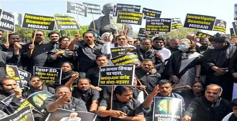 Opposition MPs Dressed in black, stage protest over Adani issue, Rahul Gandhi’s disqualification