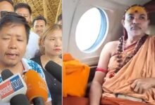 ITANAGAR- Jagadguru Swami Abhimukteswaranand Saraswati who arrived at Donyi Polo Airport at Hollongi in Arunachal Pradesh  on a chartered flight on Thursday morning,