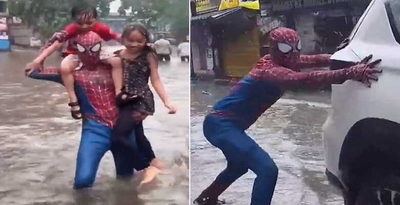Viral: Waterlogged Roads, Hidden Potholes and a Superhero: Meet this Spider-Man
